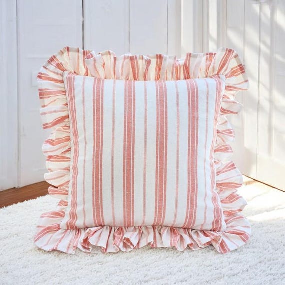 Bohemian Frill Linen Striped Pillow Cover - Different Color Options With Frill Edges - Linen Lulu