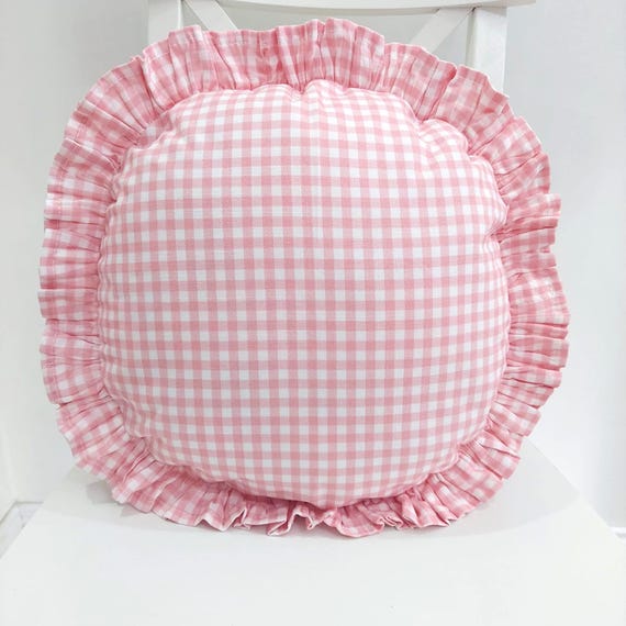 Bohemian Frill Linen Gingham Pillow Cover - Gingham Round Pillow - Circle Pillow - Color Options With Frill Edges - Gingham Pillow