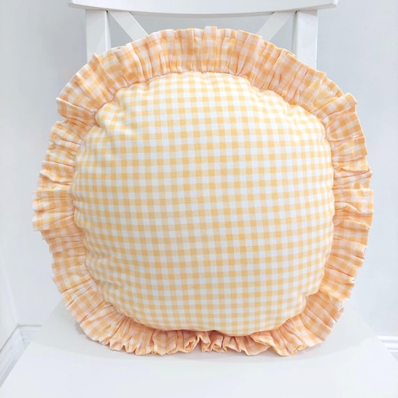 Bohemian Frill Linen Gingham Pillow Cover - Gingham Round Pillow - Circle Pillow - Color Options With Frill Edges - Gingham Pillow