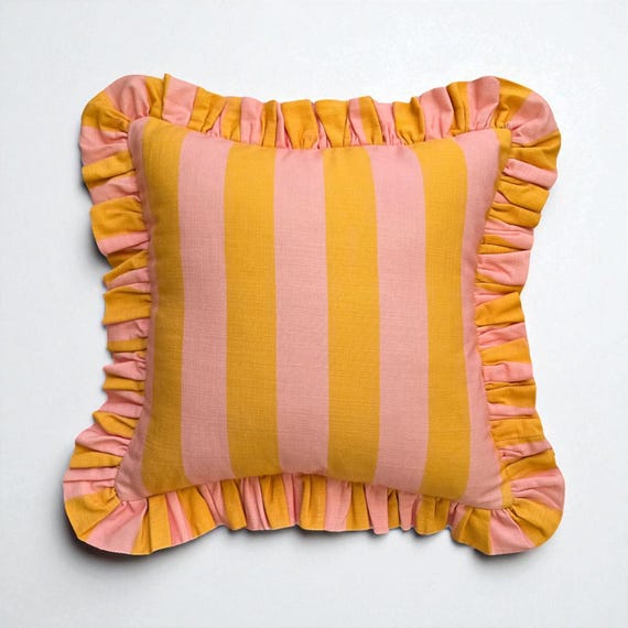 Frill Linen Striped Pillow Cover - Ruffle Linen Pillow -  Different Color Options With Frill Edges - Linen Lulu
