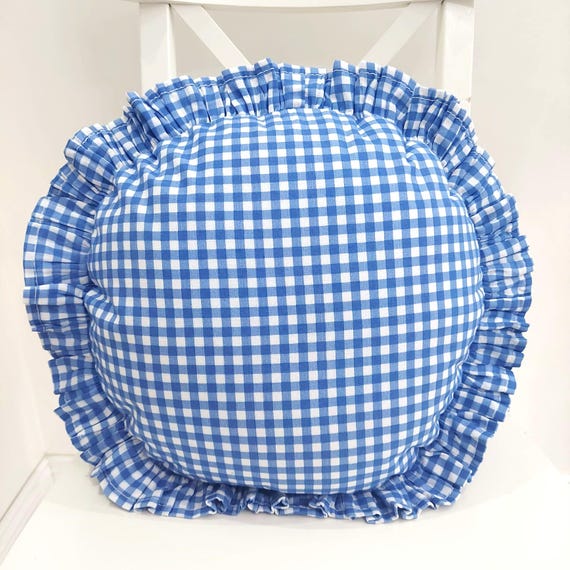Bohemian Frill Linen Gingham Pillow Cover - Gingham Round Pillow - Circle Pillow - Color Options With Frill Edges - Gingham Pillow