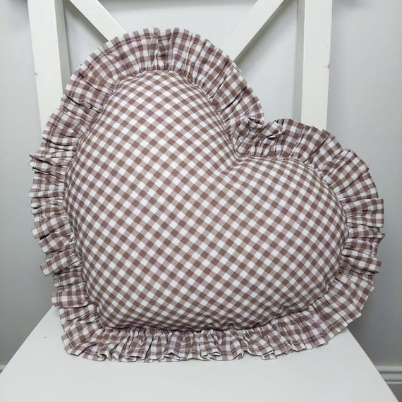 Bohemian Frill Linen Gingham Pillow Cover - Gingham Heart Pillow - Heart Pillow - Color Options With Frill Edges - Gingham Pillow