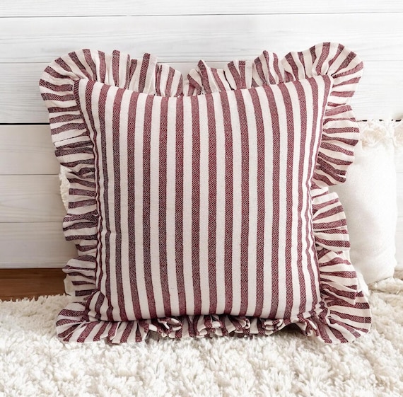 Bohemian Frill Linen Striped Pillow Cover - Different Color Options With Frill Edges - Linen Lulu
