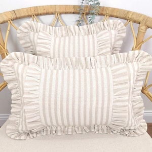 Bohemian Frill Linen Striped Pillow Cover - Different Color Options With Frill Edges - Linen Lulu