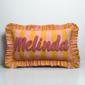 Personalised Ruffled Cushion -Handmade Punch Needle Decor | Boho Nursery Kids Children Room Styling | Custom Gift Baby Shower - Linen Lulu