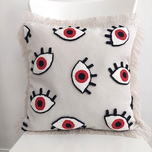 Evil Eye Punch Bohemian Linen Pillow Cover - Eye Motifs and Fringed Edges - Handmade Nazar Punch Pillow - Décor with Color Options