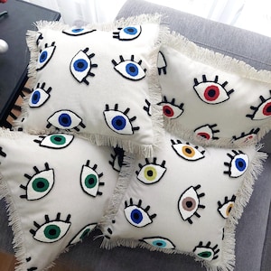 Evil Eye Punch Bohemian Linen Pillow Cover - Eye Motifs and Fringed Edges - Handmade Nazar Punch Pillow - Décor with Color Options