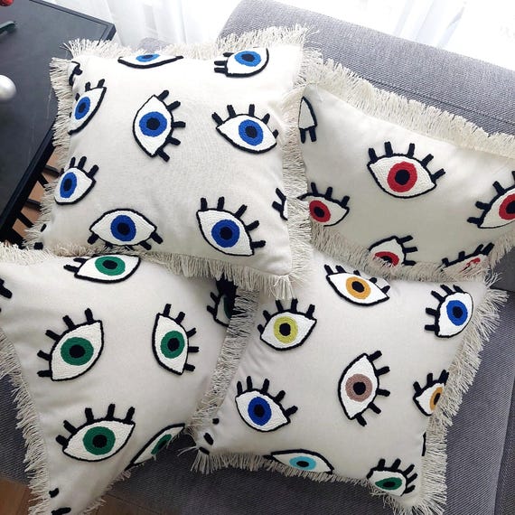 Evil Eye Punch Bohemian Linen Pillow Cover - Eye Motifs and Fringed Edges - Handmade Nazar Punch Pillow - Décor with Color Options