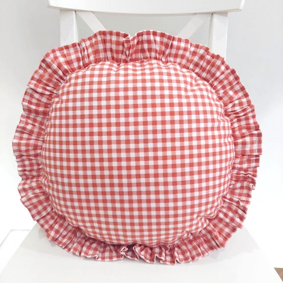 Bohemian Frill Linen Gingham Pillow Cover - Gingham Round Pillow - Circle Pillow - Color Options With Frill Edges - Gingham Pillow