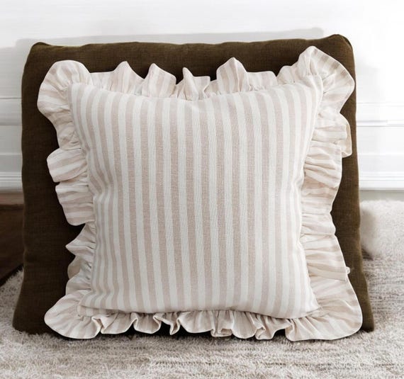 Bohemian Frill Linen Striped Pillow Cover - Different Color Options With Frill Edges - Linen Lulu