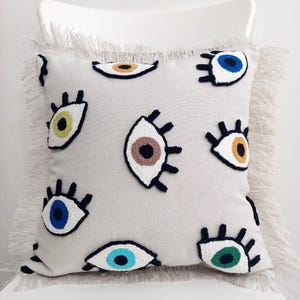 Evil Eye Punch Bohemian Linen Pillow Cover - Eye Motifs and Fringed Edges - Handmade Nazar Punch Pillow - Décor with Color Options