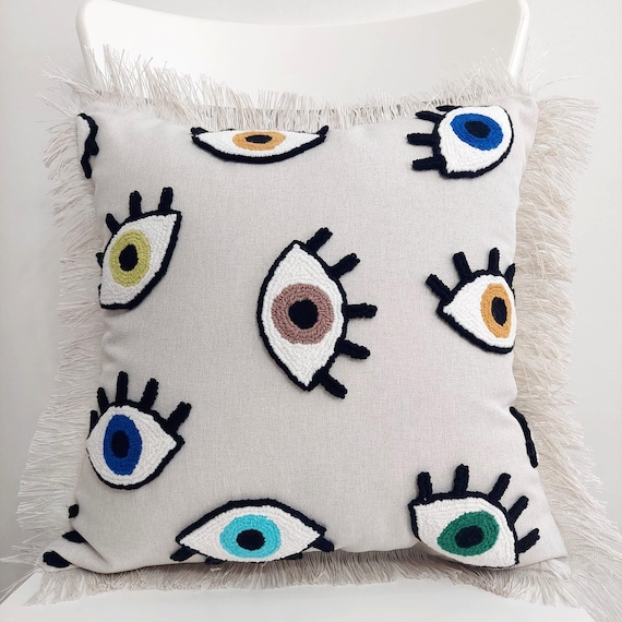 Evil Eye Punch Bohemian Linen Pillow Cover - Eye Motifs and Fringed Edges - Handmade Nazar Punch Pillow - Décor with Color Options