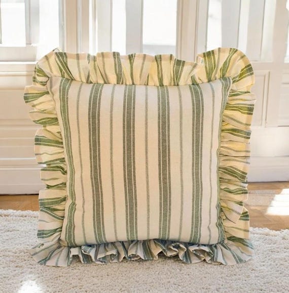 Bohemian Frill Linen Striped Pillow Cover - Different Color Options With Frill Edges - Linen Lulu