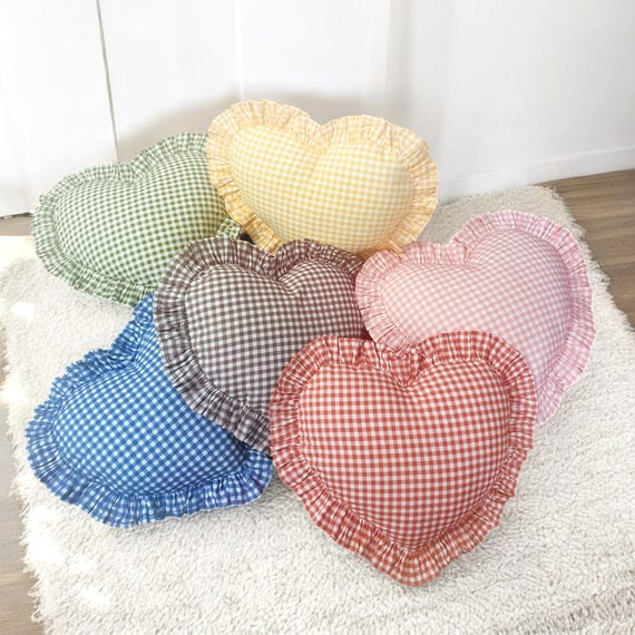 Bohemian Frill Linen Gingham Pillow Cover - Gingham Heart Pillow - Heart Pillow - Color Options With Frill Edges - Gingham Pillow