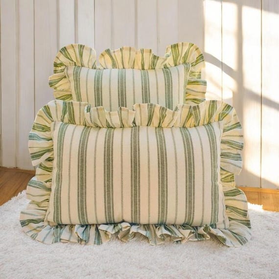 Bohemian Frill Linen Striped Pillow Cover - Different Color Options With Frill Edges - Linen Lulu