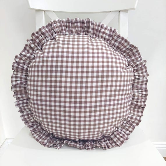 Bohemian Frill Linen Gingham Pillow Cover - Gingham Round Pillow - Circle Pillow - Color Options With Frill Edges - Gingham Pillow
