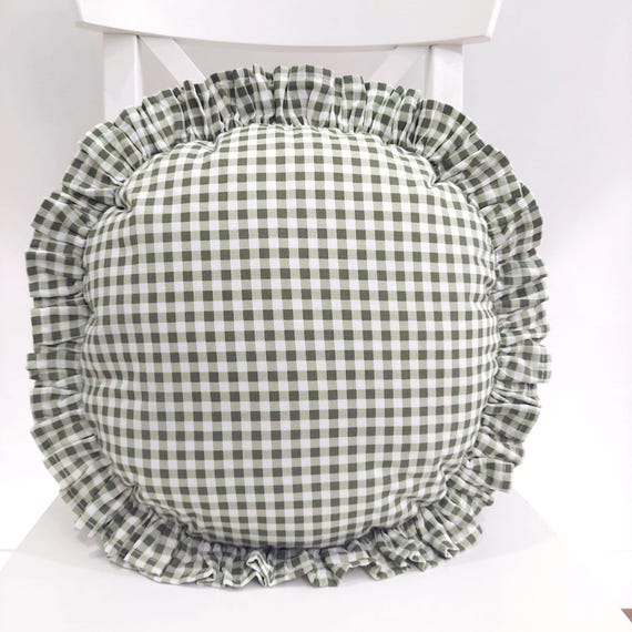Bohemian Frill Linen Gingham Pillow Cover - Gingham Round Pillow - Circle Pillow - Color Options With Frill Edges - Gingham Pillow