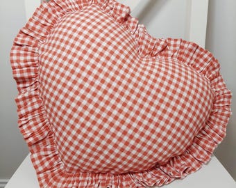 Bohemian Frill Linen Gingham Pillow Cover - Gingham Heart Pillow - Heart Pillow - Color Options With Frill Edges - Gingham Pillow