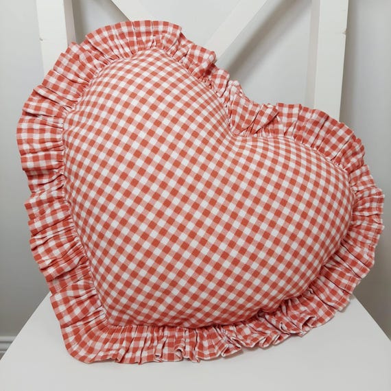 Bohemian Frill Linen Gingham Pillow Cover - Gingham Heart Pillow - Heart Pillow - Color Options With Frill Edges - Gingham Pillow