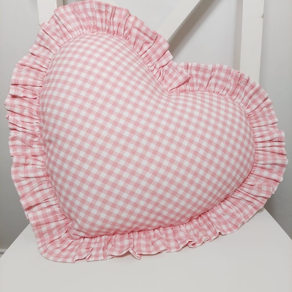 Bohemian Frill Linen Gingham Pillow Cover - Gingham Heart Pillow - Heart Pillow - Color Options With Frill Edges - Gingham Pillow