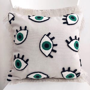 Evil Eye Punch Bohemian Linen Pillow Cover - Eye Motifs and Fringed Edges - Handmade Nazar Punch Pillow - Décor with Color Options
