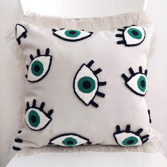 Evil Eye Punch Bohemian Linen Pillow Cover - Eye Motifs and Fringed Edges - Handmade Nazar Punch Pillow - Décor with Color Options