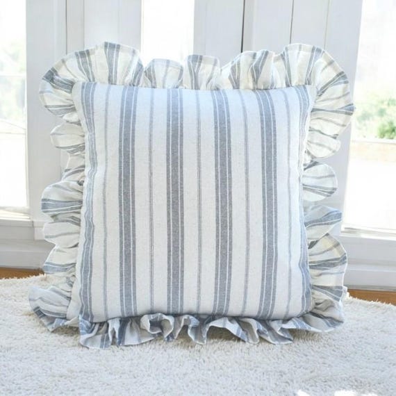 Bohemian Frill Linen Striped Pillow Cover - Different Color Options With Frill Edges - Linen Lulu