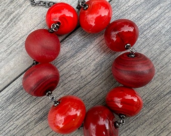 Large Beads Necklace, Statement Necklace, Unique Jewelry, Lampwork Glass Necklace, Hollow Beads, One of a Kind, Handmade, Red Necklace