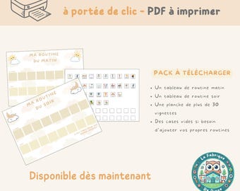 Op de afbeelding: Een afdrukbare PDF met ochtend- en avondroutinetabellen, met een zon- en wolkenontwerp. Bevat tabellen voor ochtend- en avondroutines, een vel met meer dan 30 pictogrammen en lege ruimtes voor aangepaste routines.