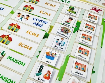 May include: A colorful weekly schedule chart for a child named Baptiste. The chart features images of activities like school, playing, and visiting the doctor. The chart is written in French.