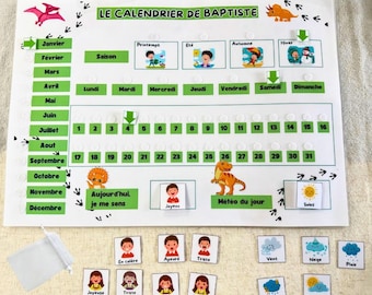 May include: A colorful calendar for children featuring dinosaurs, a monthly calendar, and a daily mood and weather tracker. The calendar includes the months of the year, days of the week, and a section for tracking the weather and how the child is feeling.