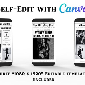May include: Three editable templates for a birthday party invitation. The templates are styled like newspaper articles with black and white images and text. The text includes "Breaking News", "It's time to celebrate", "The Birthday Post", "Read all about it", "Sydney turns twenty-five this year", and "Thank You".