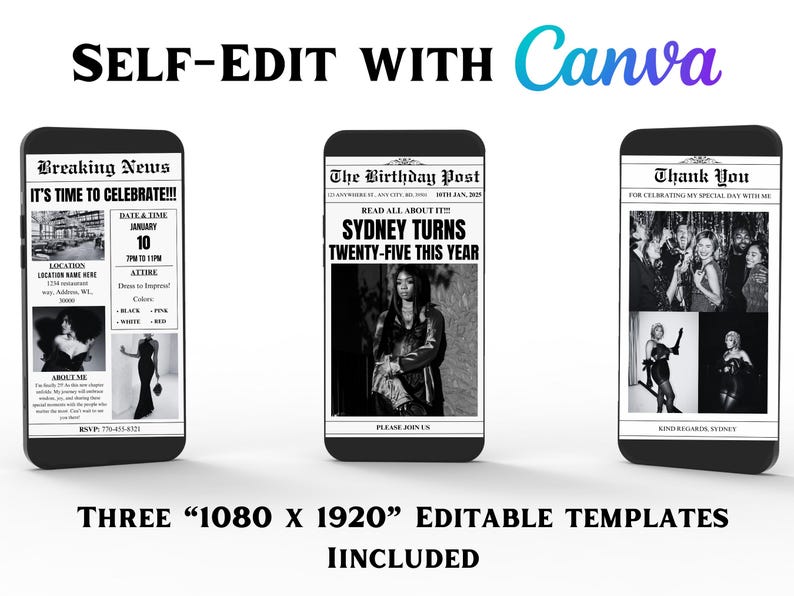 May include: Three editable templates for a birthday party invitation. The templates are styled like newspaper articles with black and white images and text. The text includes "Breaking News", "It's time to celebrate", "The Birthday Post", "Read all about it", "Sydney turns twenty-five this year", and "Thank You".