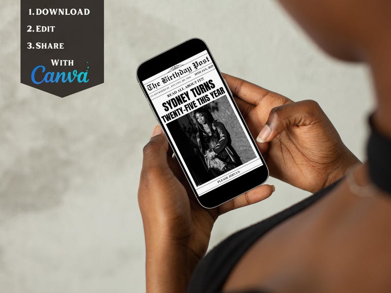 May include: A smartphone displaying a mock newspaper headline announcing "Sydney Turns Twenty-Five This Year". The headline is in black and white with a photo of a person in the background. The text "The Birthday Post" is at the top of the page.