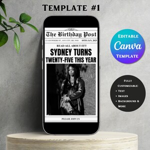 May include: A black and white image of a woman in a black shirt and jacket. The image is in a phone screen with a newspaper-style design. The headline reads "The Birthday Post" and "Sydney Turns Twenty-Five This Year".