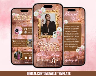 Elegant Digital Birthday Dinner Invitation Template | Pink and Gold Floral Birthday Party Invite