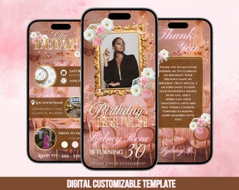 Elegant Digital Birthday Brunch Invitation Template | Pink and Gold Floral Birthday Party Invite