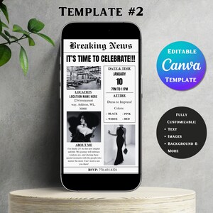 May include: A black and white newspaper-style invitation template for a celebration. The template features a headline that reads "Breaking News: It's Time to Celebrate!!!". The invitation includes details such as the date, time, location, attire, and a brief message about the event. The template is customizable and can be edited using Canva.