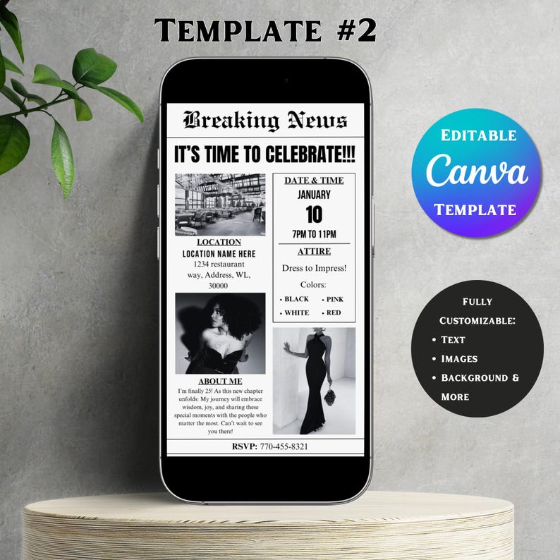 May include: A black and white newspaper-style invitation template for a celebration. The template features a headline that reads "Breaking News: It's Time to Celebrate!!!". The invitation includes details such as the date, time, location, attire, and a brief message about the event. The template is customizable and can be edited using Canva.