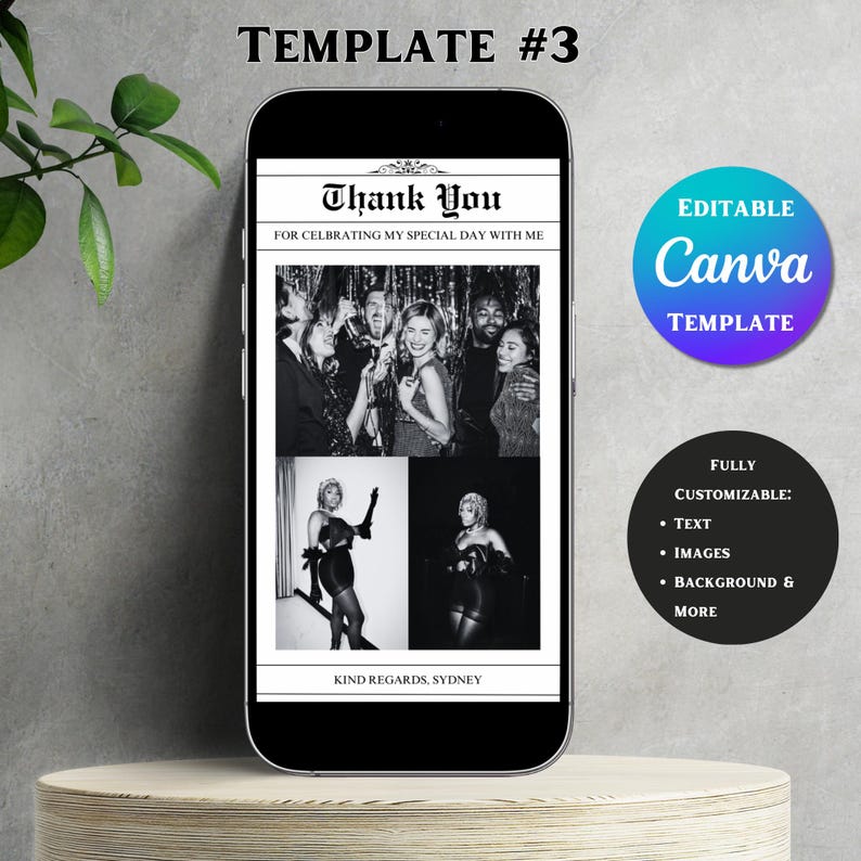 May include: A black and white photo collage thank you card template with the text "Thank You" and "For celebrating my special day with me". The template is fully customizable with text, images, background and more. The template is editable in Canva.