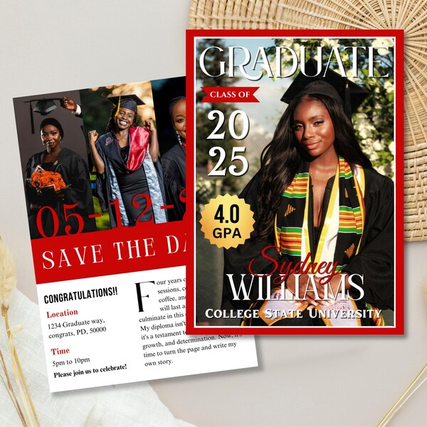 Graduation Magazine Cover Ankündigung | Klasse von 2025 Abschlussfeier einladen | Digital Grad Party einladen | Abschlusskarte | Sofort Download