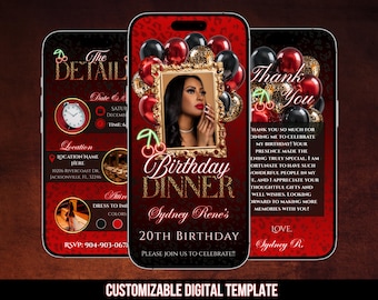 Red Cheetah Print Cherry Birthday Invitation| Editable Leopard Dinner Party Invite