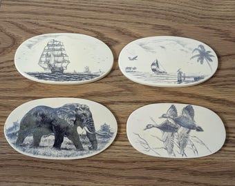 Inserciones de scrimshaw con temática náutica y animal ~ Artesanía de técnica mixta ~ Para cestas/cajas. Se venden individualmente.
