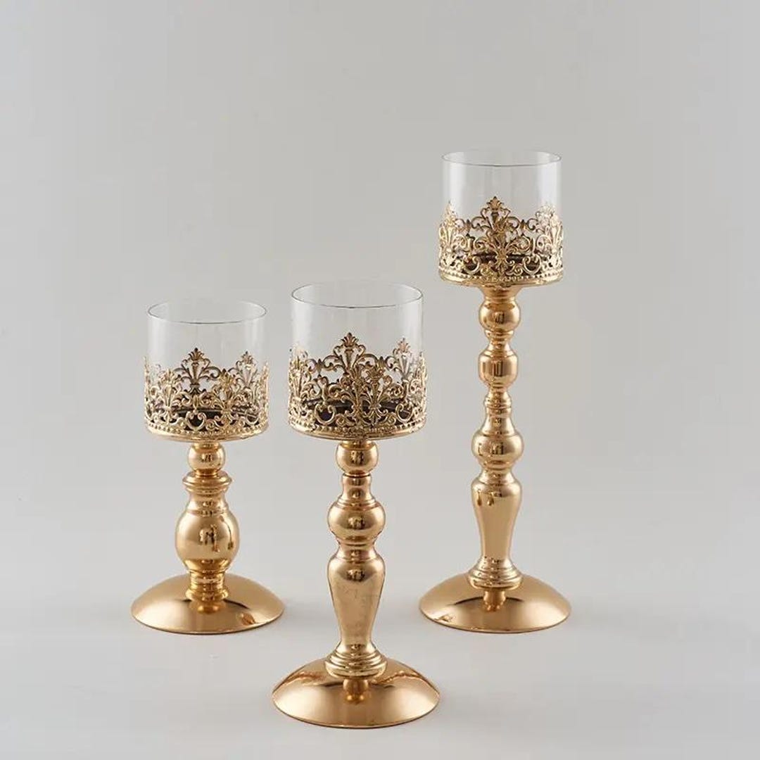 Belle Candlestick Set of 3 Elegant Gold Crowned Glass Candlestick ...