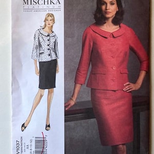 May include: A Badgley Mischka Platinum Vogue American Designer sewing pattern envelope V1037. The front shows a sketch of a polka dot jacket and black skirt, and a photograph of a solid red jacket and matching skirt with a wide collar and buttons.