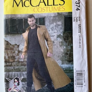 May include: A McCall's Costumes sewing pattern envelope, model M7374, featuring a tan trench coat with a wide collar. The package displays the size range MWW (38-40-42-44) and includes a Yaya Han logo in the corner. The design shows a long coat.