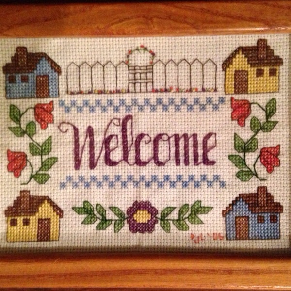 Completed Cross Stitch in Frame: Welcome