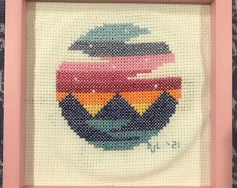 Completed Cross Stitch: Mountain Sunset