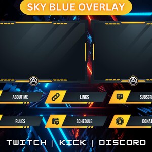 Könnte beinhalten: Ein blaues und gelbes Twitch-Overlay mit einem dunklen Hintergrund. Das Overlay hat eine Titelzeile mit der Aufschrift "SKY BLUE OVERLAY" und enthält Abschnitte für "About Me", "Links", "Rules", "Schedule", "Donate" und "Subscribe". Das Overlay enthält auch den Text "TWITCH | KICK | DISCORD".
