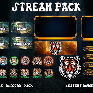 Puede incluir: Un paquete de superposiciones de transmisión de Twitch y Discord para descargar digitalmente con un diseño de tigre. El paquete incluye pantallas de inicio, finalización, fuera de línea, regreso y donaciones, así como emoticonos animados y botones para suscribirse, reglas y sobre mí.
